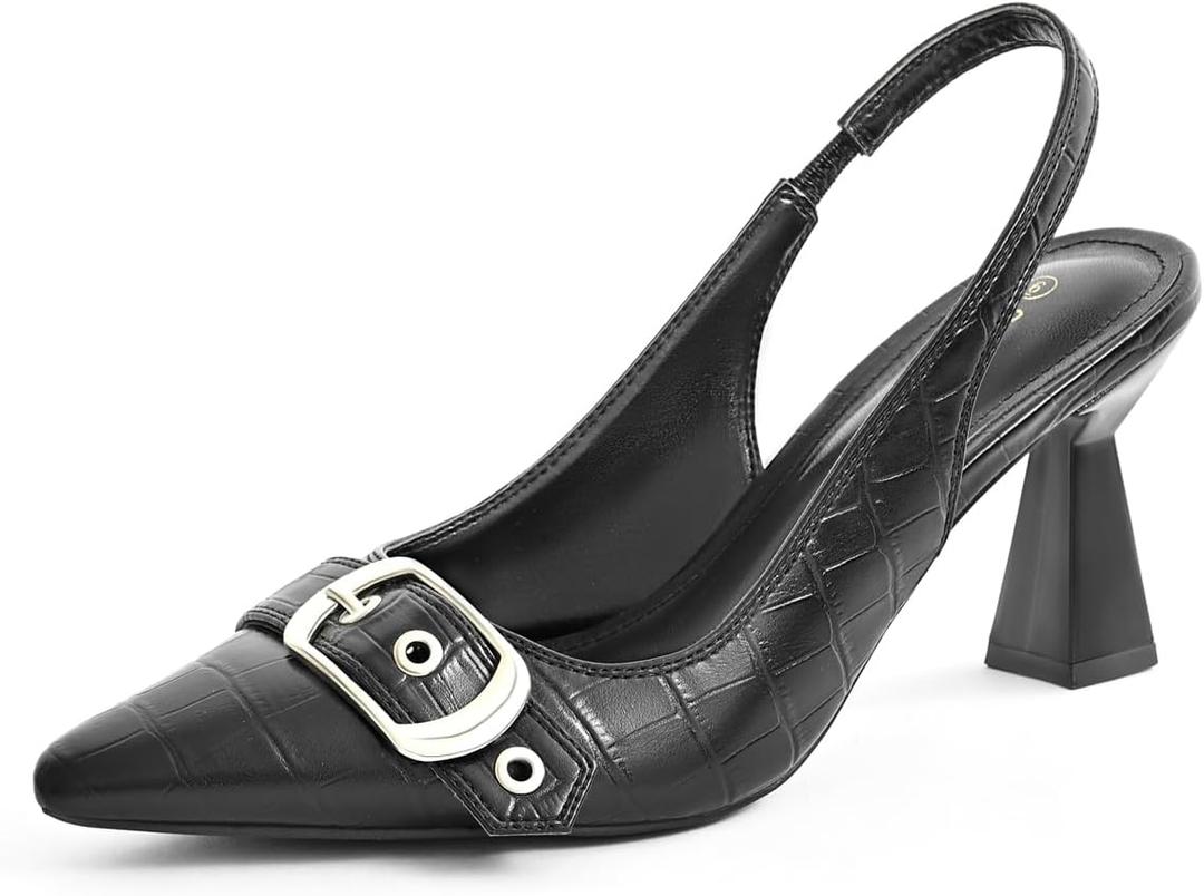 Slingback Kitten Heels for Women Closed Pointed Toe Pumps Dress Shoes with Buckle Strap Comfortable Slip On Sandal Heels for Work Party Wedding (6.5, Black)
