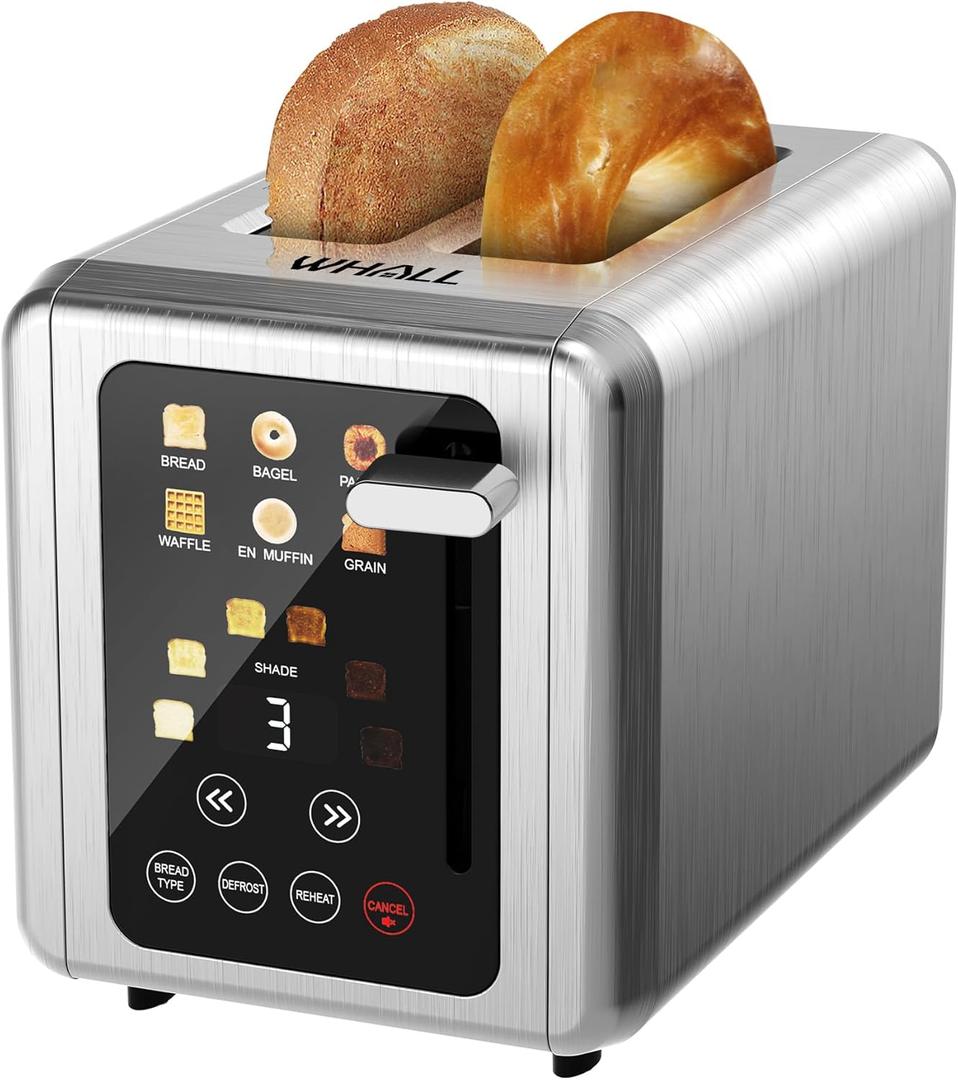 WHALL Touch Screen Toaster 2 Slice, Smart Digital Toaster with 1.5" Wide Slots,6 Shade Settings & 6 Bread Types, Memory Function, Countdown Timer, Brushed Stainless, Ideal Kitchen Gift & Essential