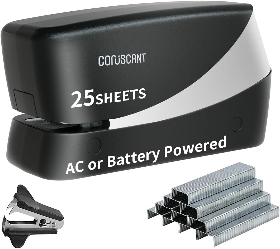Coruscant Electric Stapler, Heavy Duty Desktop Stapler, Includes 2000 Staples and 1 Staple Remover, No-Jam Automatic AC or Battery Powered, 25 Sheet, Professional for Office Home School Use (Gray)