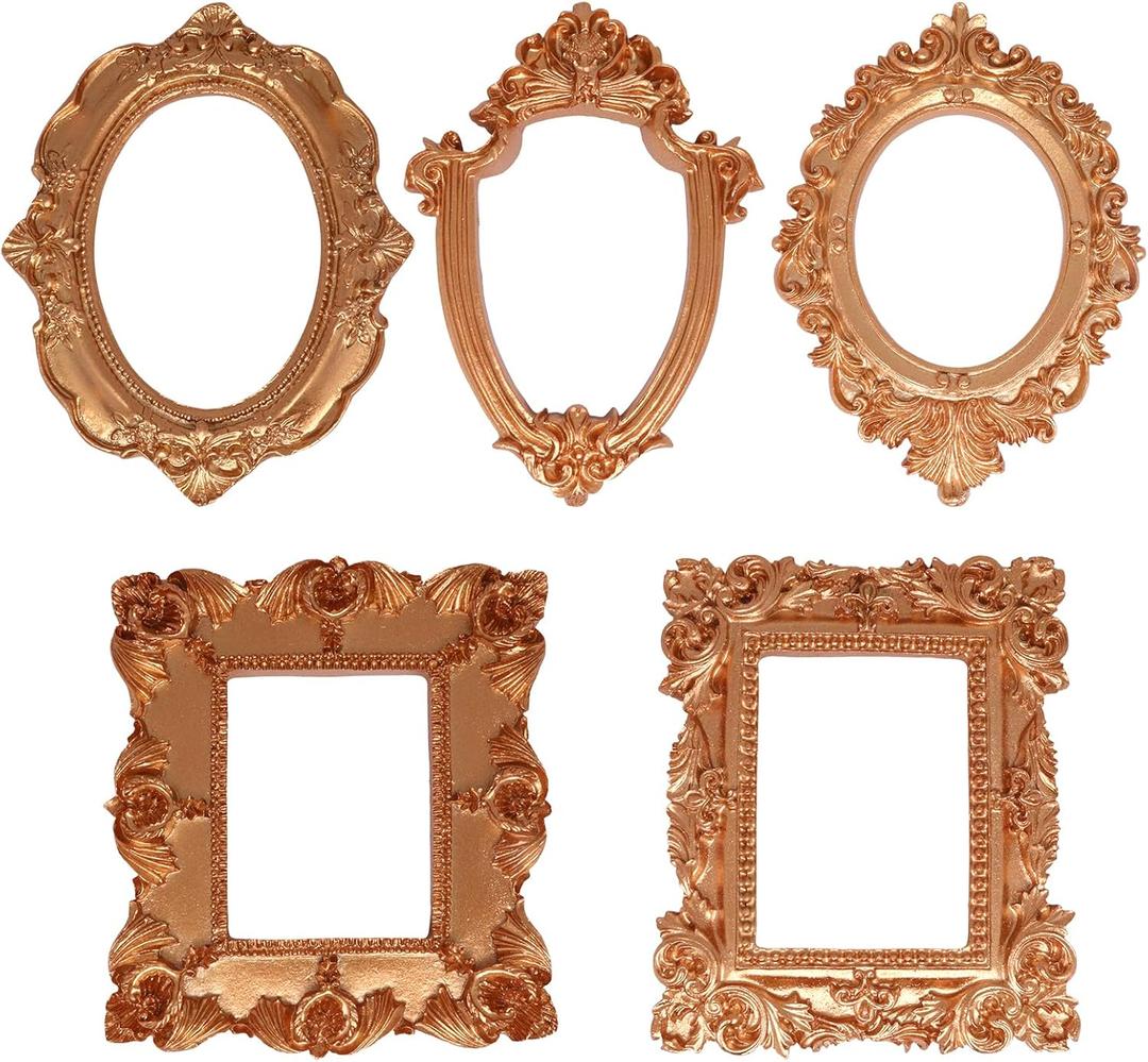 ZHMEINA Vintage Mini Picture Frames, 5PCS Small Gold Frames Baroque Antique Resin Photo Frame Table Top Frame DIY Wall Hanging for Jewelry Display Photography Christmas Holiday Party Decoration