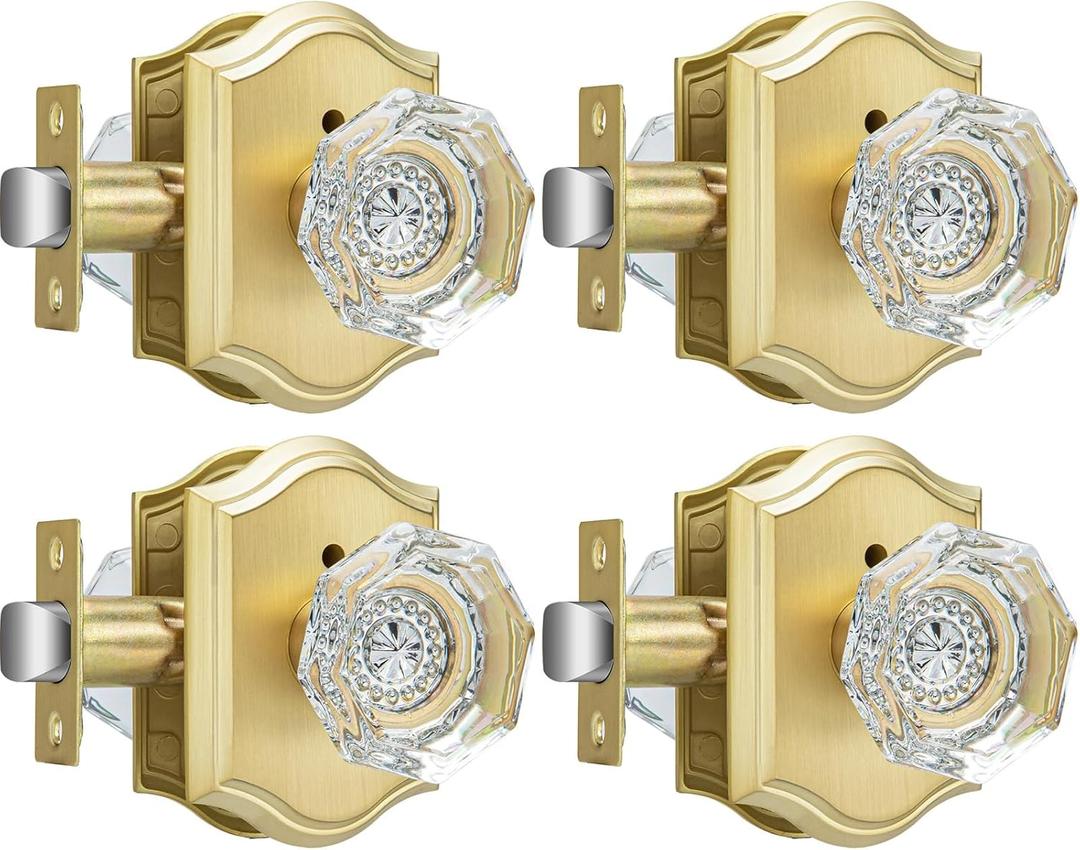 Haidms Gold Glass Door Knob Crystal Door Knobs Interior, Vintage Privacy Door Lock for Bed Bath, Clear Diamond Glass with Heavy Duty (4 Pack)