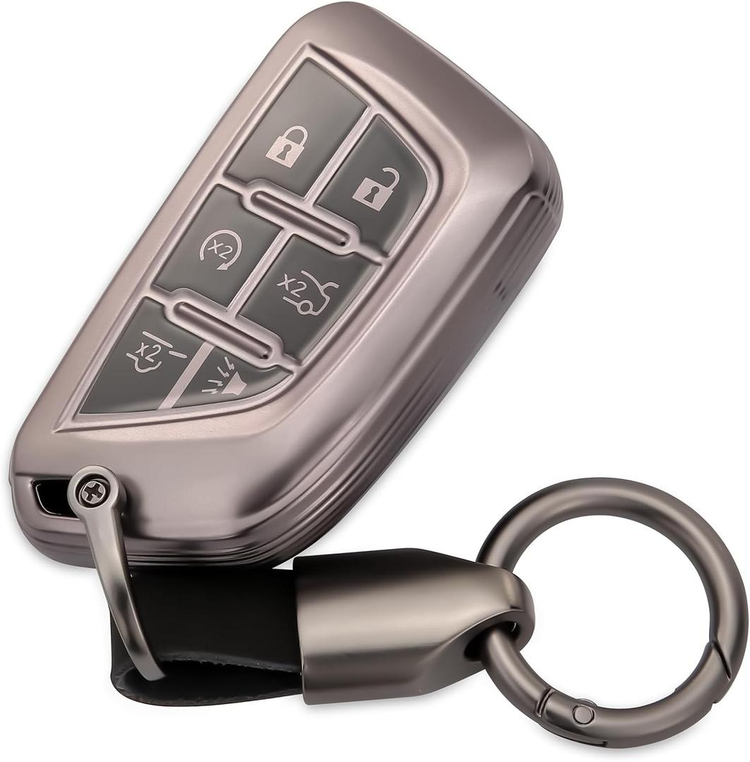 LIANGYM for Cadillac Key Fob Cover with Keychain TPU Key Case Accessories Compatible with 2020-2025 CT4 CT5 Escalade ESV Lyriq (Grey)