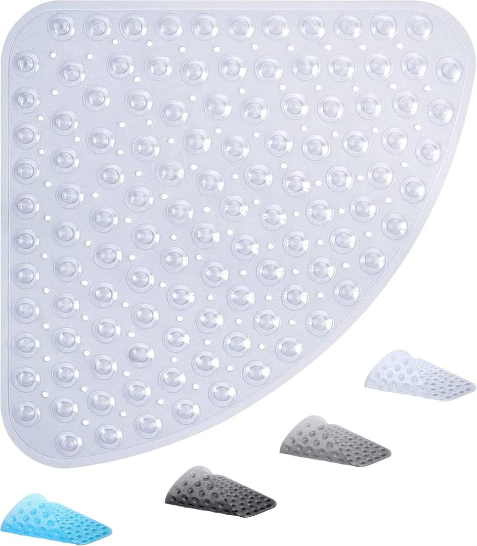 ADOV Corner Shower Mat Non Slip, 21x21 inch Curved Shower Mats for Inside Shower, Anti-Slip Bath Mat with Strong Suction Cup, Drain Holes, Machine Washable, Ideal for the Elderly (Clear)