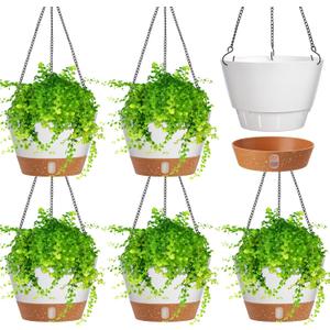 Amyhill 6 Pcs 8 Inch Hanging Planter for Indoor Plants Self Watering Hanging Pot Baskets with Drainage Hole Visible Water Level Tray with Hooks for Garden Outdoor (White)