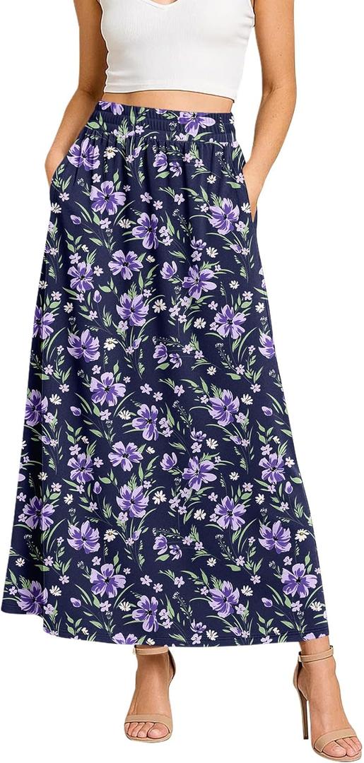 Women's Flowy Maxi Skirts Elastic High Waisted Casual A-Line Long Skirt with Pockets 2025 Trendy (Medium, Blue Purple Flo)