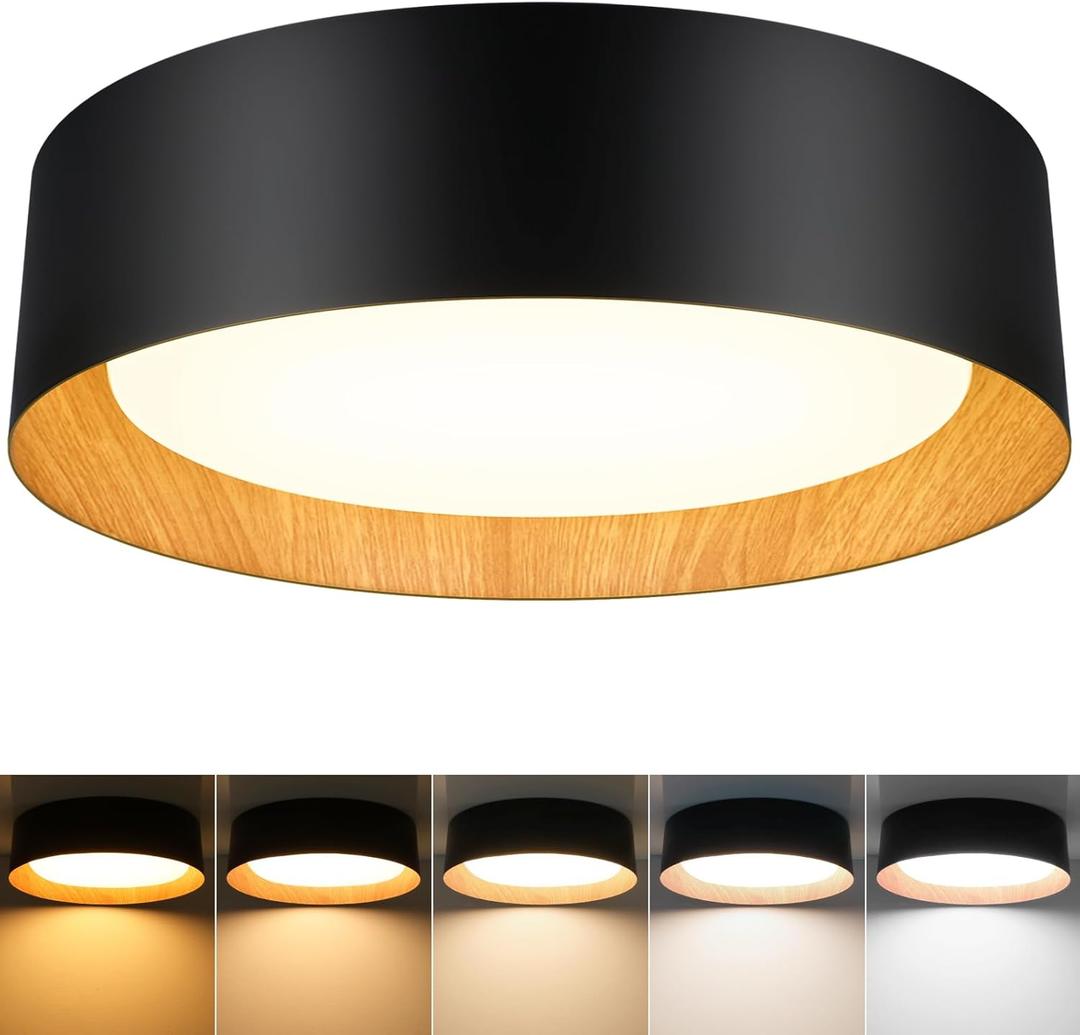 BrightHome Flush Mount Ceiling Light, 13in 2600LM 25W(300W Equiv), LED Ceiling Light Fixture 5CCT 2700K 3000K 4000K 5000K 6000K, Dimmable Ceiling Lamp for Bedroom Bathroom Hallway, Black and Wood