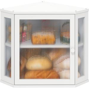 White Bread Box for Kitchen Counter, Bamboo Wood Large Capacity Bread Storage Bin with Acrylic Wavy Door Panel (White, Meduim) (Medium)