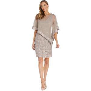R&M Richards Women's Knee-Length Glitter Sequin Lace Dress W/Sheer Asymmetric Poncho Overlay | Evening Cocktail Attire (Beige)
