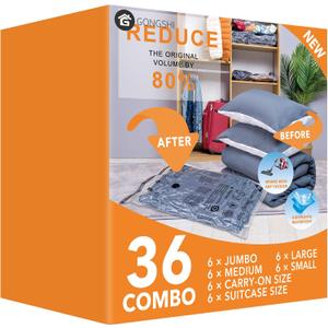 GONGSHI Vacuum Storage Bags, Space Saver Seal Bags For Clothing, Travel Luggage,Blankets, Comforters, Pillows, Clothes Storage.36 Combo