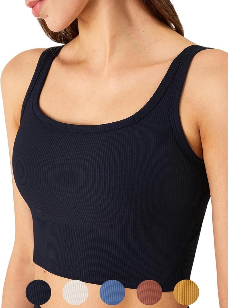 Chilylori Women's Seamless Sports Bra Workout Crop Top Ribbed Padded Longline Wirefree Medium Support Tank Tops Fitness (Black)