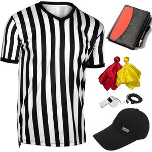 6 Pieces Men's Official Referee Costume Set, Official Umpire Jersey Collar V-Neck Referee Shirt Referee Cards Hat Whistle with Lanyard Penalty Flag, Referee Necessities for Basketball Football Soccer (X-Large)