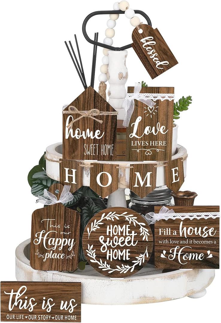 11 Pcs Home Tiered Tray Decor Sweet Home Rustic Farmhouse Tiered Tray Decorations Set Spring Wooden Signs Vintage Farm Animal Farmhouse Tabletop Wood Signs for Kitchen Table Shelf Decor