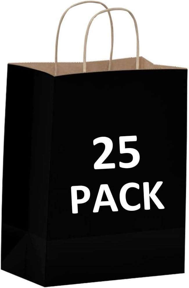 Qutuus Black Gift Bags with Handles - 25 Pcs 8"x4.5"x10" Black Paper Bags, Shopping Bags, Party Bags, Favor Bags, Goody Bags, Cub, Business Bags, Kraft Bags, Retail Bags, Paper Gift Bags (8x4.5x10 Inch (Pack of 25))