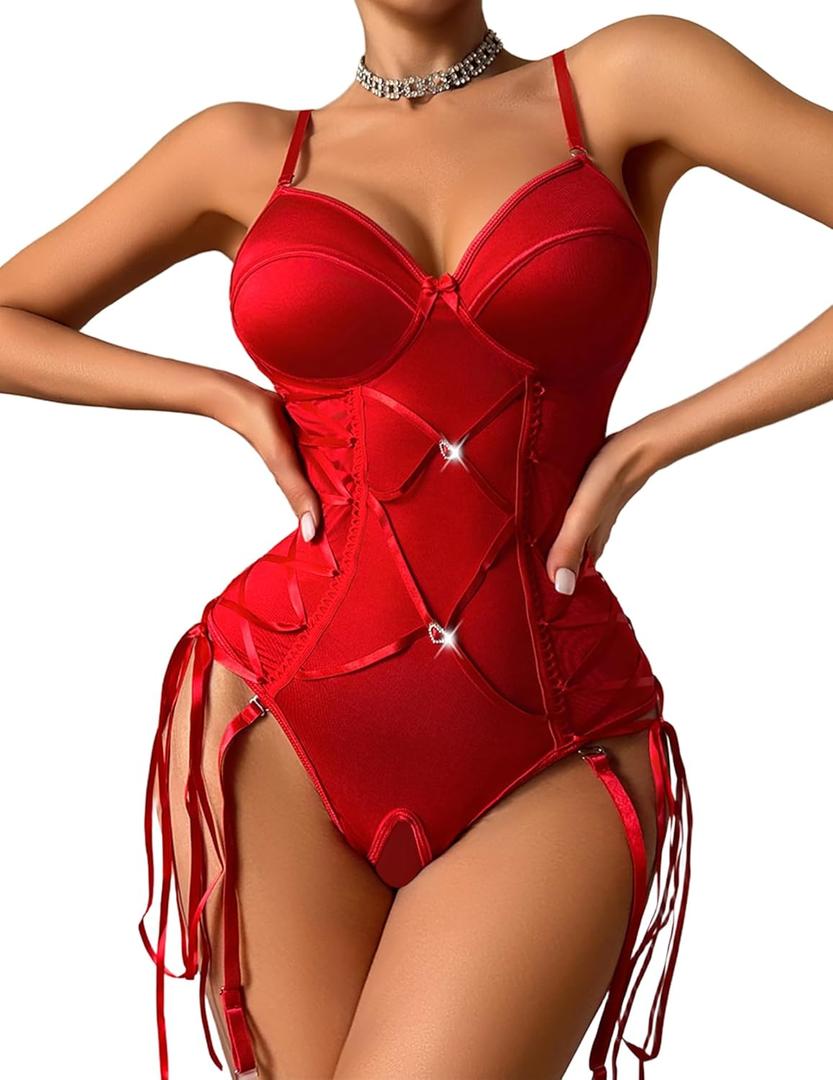 Avidlove Red Corset Lingerie One Piece Bodysuit Teddy Babydoll for Valentine's Day, Size XXL