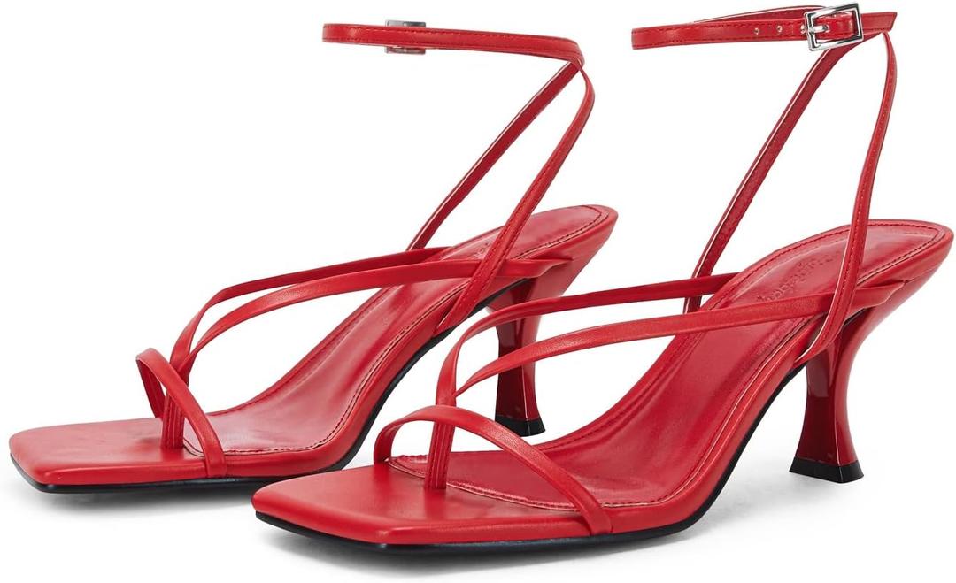 PiePieBuy Women's Lace Up Heeled Sandals Square Flip Flop High Heels Strappy Party Shoes (6.5, Red)