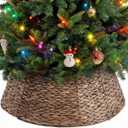 Sweetcrispy 24inch Christmas Tree Collar for 4-7ft Trees, Woven Hyacinth Rattan 4-Panel Collar w/Cord Access Hole & Easy Lock Design, Brown