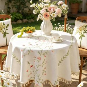 Laolitou Pink Floral Spring 55" Round Tablecloth (Fits 30-42" Table), Embroidery Heavy Duty Cotton Linen Table Cloth, Farmhouse Rustic Waterproof Wrinkle Free Tablecloths with Tassels, Pink Flower