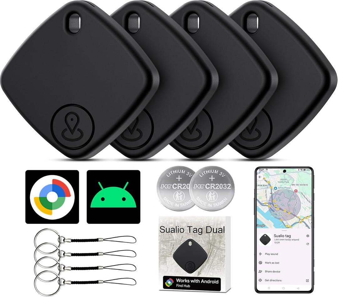 Tracker Tags-4 Pack, Google Certified Air Tracker(Android Only) Works with Find Hub, Luggage Tracker Tags Android Worldwide Tracking with 2 Replaceable Battery, Track Keys, Wallet, Suitcases (Black)