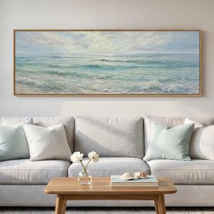 Framed Long Narrow Blue Coastal Landscape Horizontal Wall Art, 60x20 Inch, 57"L x 19"W