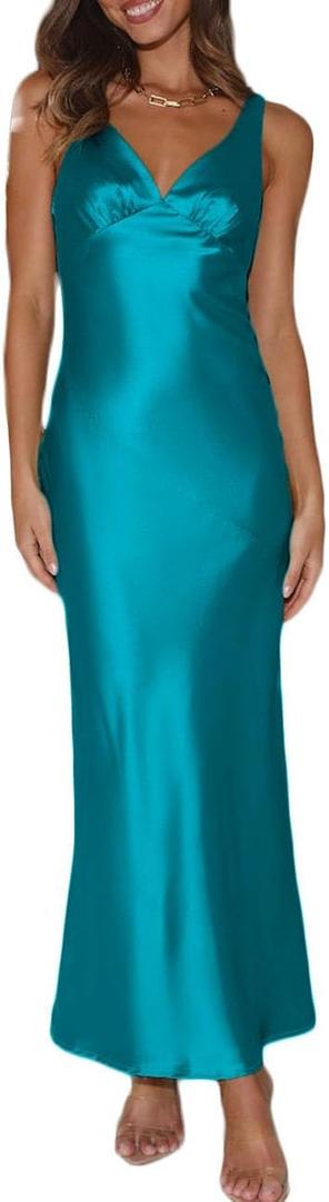 Womens Elegant Satin V Neck Backless Sleeveless Maxi Dress Silk Tie Low Back Formal Cocktail Dresses Wedding Guest (M)