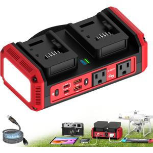 350W Pure Sine Wave Power Inverter Compatible with Milwaukee 18V Battery, DC 18V to AC 120V Inverter, 7A Fast Charger & 2 AC Outlet, 2 USB Ports & 2 Type-C Ports, 600LM LED Work Light (No Battery) (Red)
