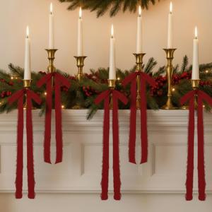 12 Pcs Velvet Christmas Bows Candle Holder Decoration Large Raw Edge Pre-Tied Bow 7.1"x15.7" Vintage Fringe Ribbon Handmade Bow for Christmas Tree Candlestick Rustic Gift Wrapping(Red)