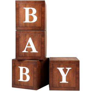 Wood Baby Shower Boxes Party Decorations - 4 Wood Grain Brown Blocks with Printed BABY Letters, Gender Reveal Backdrop,Teddy Bear Baby Shower Supplies, First Birthday Centerpiece Decor