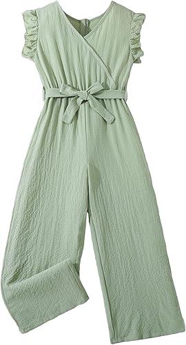 Girl's Ruffle Trim Wrap V Neck Cap Sleeve Cute Jumpsuit Belted Wide Leg Pants 128 8Y Mint Green