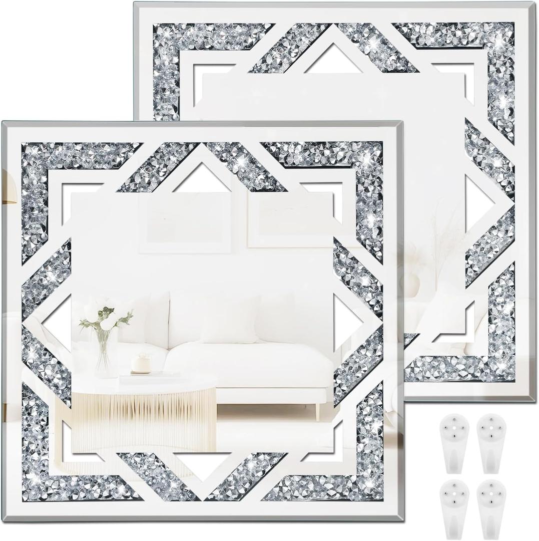 2 Piece Square Hollow Crushed Diamond Decorative Mirror, Silver Crushed Diamond Mirror Decor Wall for Living Room Bedroom Bathroom (12x12)