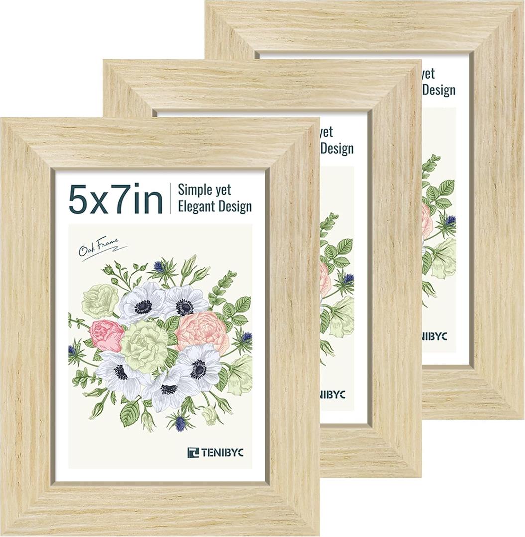 5x7 Picture Frames Set - 3 Pack - Natural Oak Wood - Tempered Glass - for Wall Photos, Family Memories, Posters & Puzzles, Home Decor