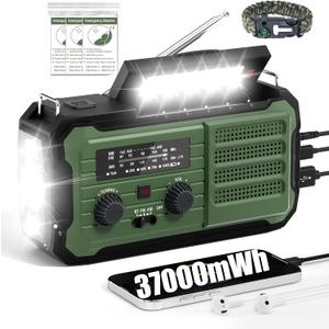 Emergency Radio Hand Crank Solar, 10000mAh/37000mWh Emergency Weather Radio, Hand Crank Solar Radios with NOAA/AM/FM, Thermal Blanket, Survival Bracelet, for Home & Outdoor (Army Green)