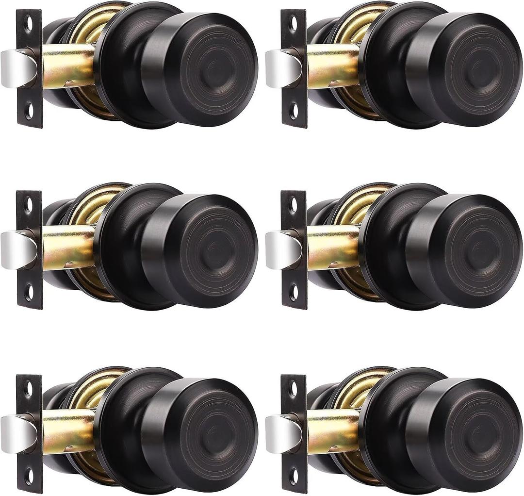 Probrico 6 Pack Passage Door Knobs, Oil Rubbed Bronze Door Knob, Hallway/Closet Lockset, Cylindrical Shape Knobs Keyless Door Lock