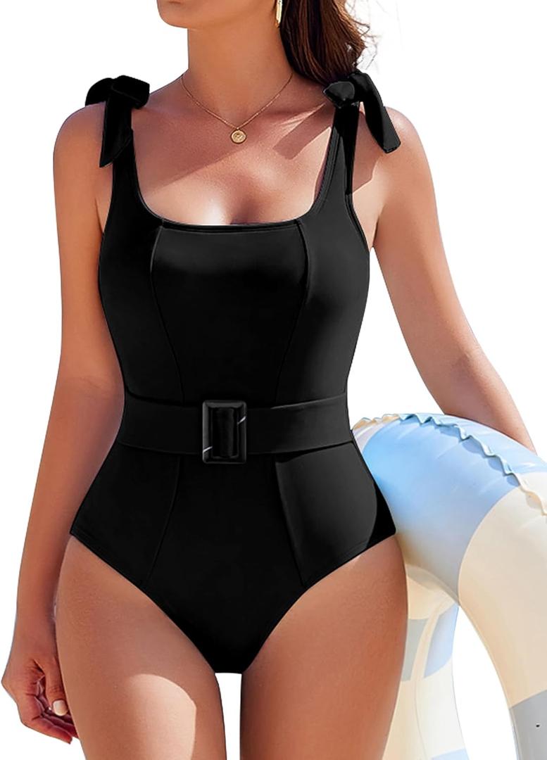 AI'MAGE Women's One Piece Swimsuit 2025 Tummy Control Swimsuits Slimming Bathing Suits Belted Swim Suit Swimwear (Black), Size M