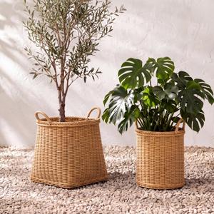2 Pcs Fall Woven Basket Planter, Plastic Wicker Pot Porch Decor