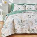 Joyreap 3 Pieces Microfiber Quilt Set, Botanical Green Leaves on White Reversible Design, Bedspread Bed Cover for All Season, 1 Quilt and 2 Pillow Shams (King, 102x90 inches)