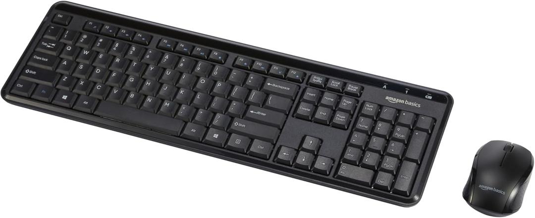 Amazon Basics 2.4GHz Wireless Keyboard and Mouse Combo, Quiet and Compact US Layout, Unifying USB Receiver, Black