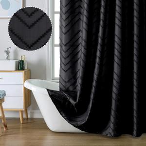 Chyhomenyc Chevron Black Shower Curtain 72x72 inches, Fabric Shower Curtain Farmhouse Chic Textured Tufted Chevron Striped Cloth Shower Curtain for Bathroom