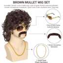 70s Wigs for Men Disco Wig for Halloween Party Short Brown Feathered Hair with Glasses Gold Necklace Mustache