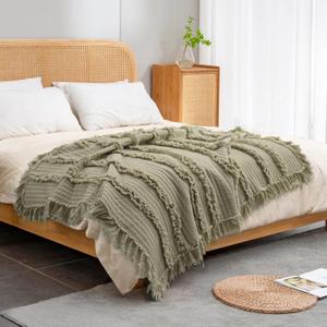 Ultra Soft Pre-Washed Quilted Boho Olive Green King Size Blankets for Bed, Green Ruffle Fringed Decorative Throw, Stone Washed Chic Rustic Blanket for Sofa Couch Bed, 104"*90"