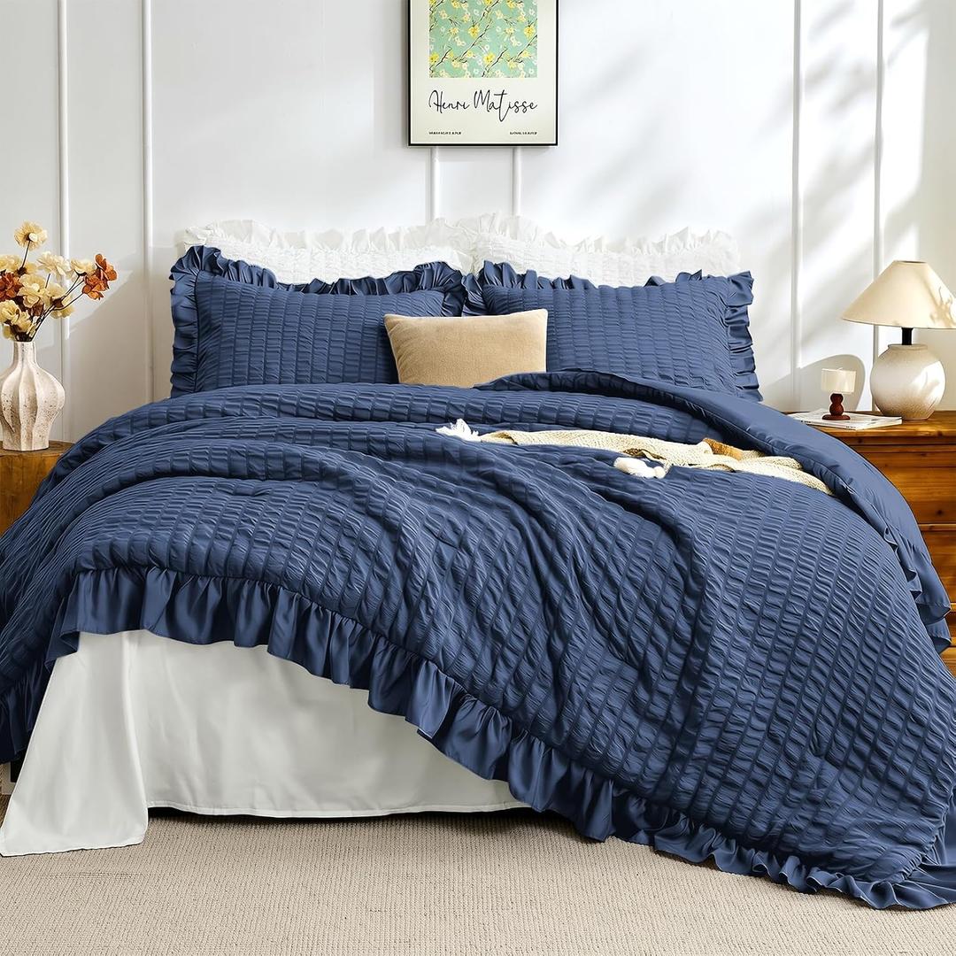 JOLLYVOGUE Oversized King Comforter Set, 3 Pieces Navy Blue Seersucker Comforters, Lightweight & Fluffy Bedding Sets for All Season with 1 Ruffle Comforter and 2 Ruffle Pillowshams