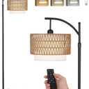 Arc Floor Lamps for Living Room with 3 Color Temperatures, Black Standing Lamp with Remote & Dimmable LED Bulb, Rattan Boho Floor Lamp, Farmhouse Tall Lamp for Bedroom, Over Couch Arched Reading Light