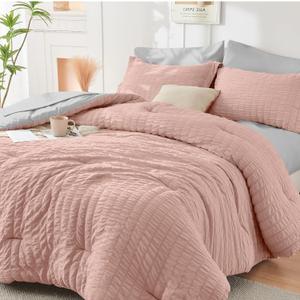 HYMOKEGE Rose Gold/Light Grey Queen Comforter Set Seersucker 7 Pieces, All Season Luxury Bed in a Bag Queen for Bedroom, Bedding Set with Comforter, Sheets, Pillowcases & Shams