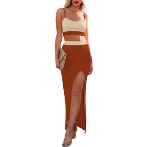 Cutiefox Women's Knit 2 Piece Dress Cami Crop Top High Side Slit Bodycon Long Skirt Set (XS)