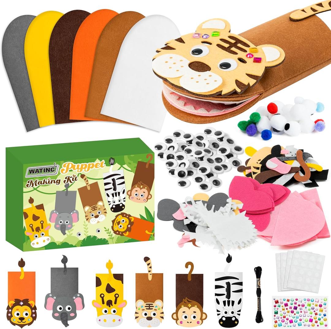 WATINC 6Pcs Hand Puppet Making Kit, Art Craft Felt Sock Puppet Toys, Creative DIY Make Your Own Pompoms Wiggle Googly Eyes Storytelling Role Play Party Supplies Gift for Girls Boys (Wild Animals)