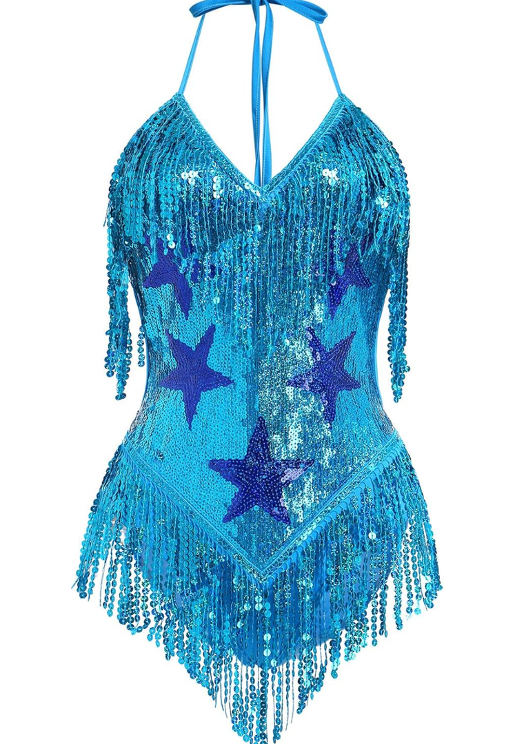 IMEKIS Women Sparkle Stars Fringes Bodysuit Concert Rave Outfit Shiny Music Festivals Halloween Cosplay Alien Costumes S