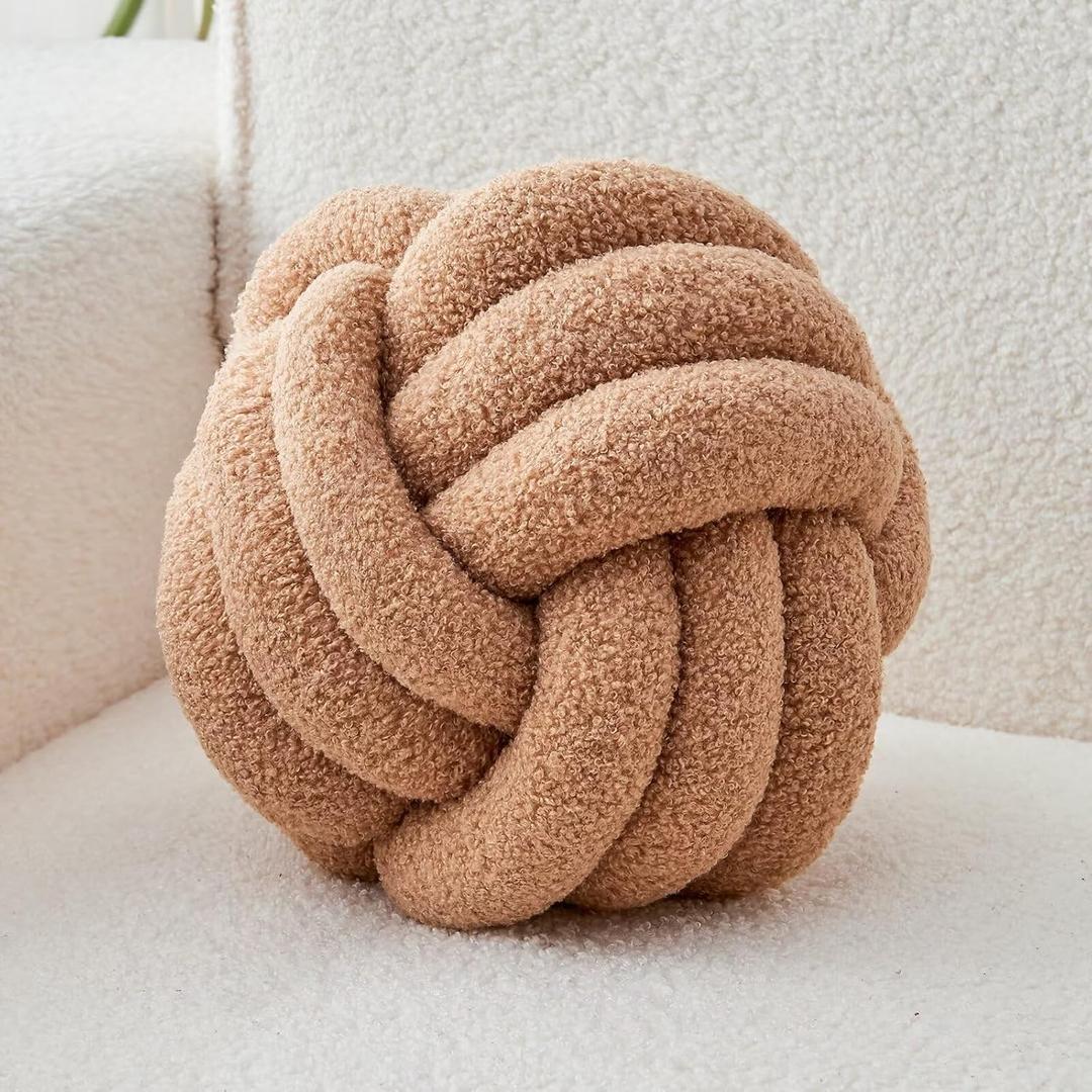 Decorative Throw Knot Pillow Ball for Home Chair Sofa Couch Bed Aesthetic Round Decor Pillows Lambswool Knotted Pillow Cushion (Khaki, 11 inches)
