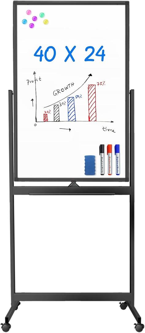 Maxtek Magnetic Mobile White Board, 40 x 24 Double Sided Dry Erase Board Rolling Whiteboard, Aluminum Frame Standing Whiteboard on Wheels for Home Office Classroom (40 x 24 Black)