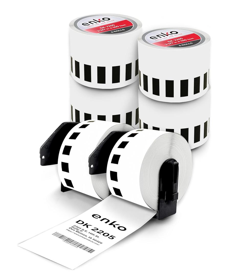 enKo - Compatible DK-2205 Continuous Paper Labels (2.4 Inch x 100 Feet) Use with Brother QL Label Printers QL-800, QL-820NWB QL 810W [6 Rolls + 2 Refillable Cartridge Frames]