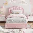 Twin Upholstered Bed Frame with Storage Drawer and Smart Led Headboard, Twin Size Platform Bed Frames for Kids, Wooden Slats Support, No Box Spring Needed, Easy Assembly, All Pink