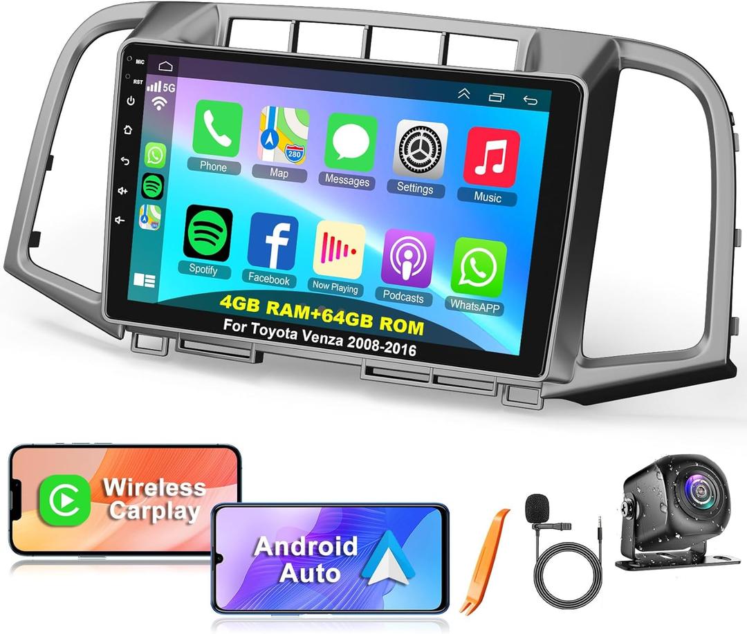 [4G+64G] Android 13 Car Radio for Toyota Venza 2008-2016, Wireless Carplay Android Auto, 9 inch IPS Touch Screen Stereo with GPS, Bluetooth, WiFi, FM Radio+ AHD Backup Camera+MIC